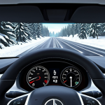 **A hybrid SUV dashboard displaying a noticeable drop in fuel efficiency (e.g., from 20 km/L to 15 km/L) during city driving. The scene should imply winter conditions, possibly with a snowy background visible through the windshield.**