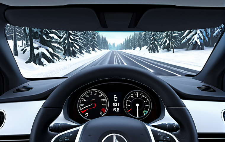 **A hybrid SUV dashboard displaying a noticeable drop in fuel efficiency (e.g., from 20 km/L to 15 km/L) during city driving. The scene should imply winter conditions, possibly with a snowy background visible through the windshield.**