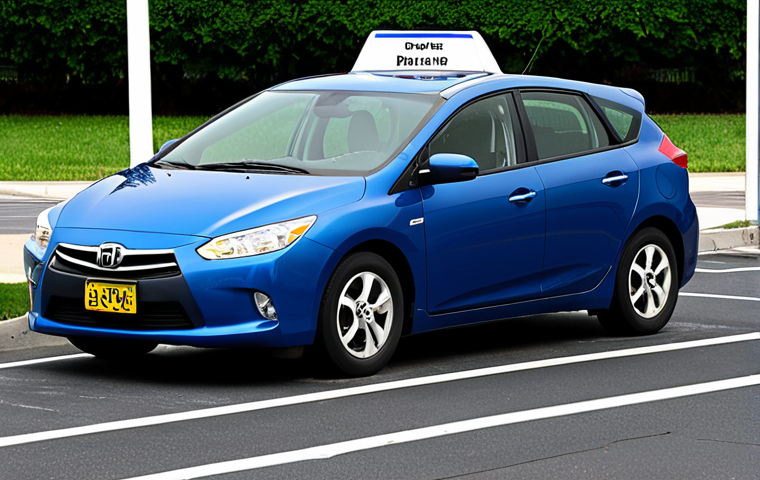 **Image Prompt:** A hybrid car parked in a public parking lot with a sign indicating a parking fee discount for hybrid vehicles. Focus on the parking meter displaying the reduced rate. The scene should imply convenience and savings.