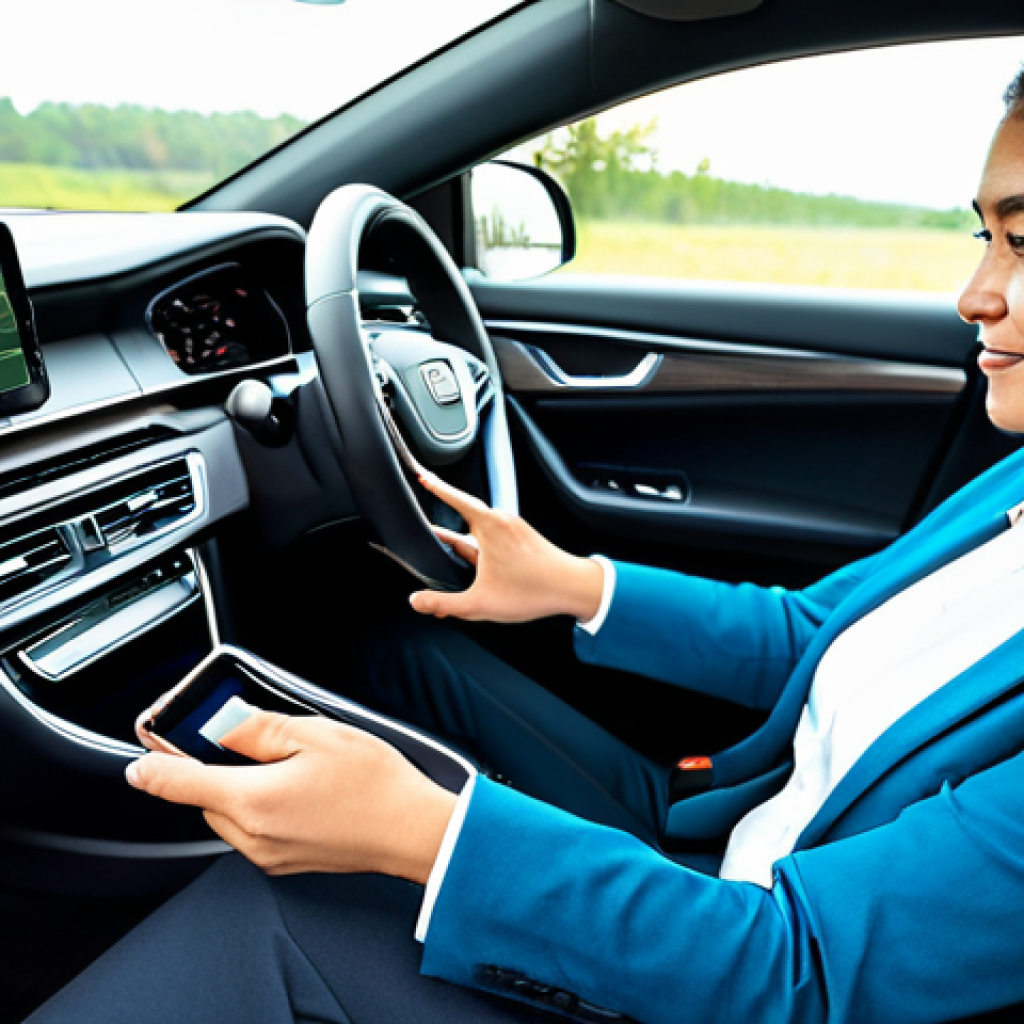 A modern person, dressed professionally in a modest business casual outfit, sitting comfortably in the driver's seat of a sleek, contemporary hybrid car interior. The person is subtly adjusting a vehicle-mounted smartphone wireless charging holder with a smartphone placed inside, and a compact car air purifier is visible on the dashboard or console. A comfortable neck pillow is attached to the seat. The interior is clean and well-organized, bathed in bright, natural light coming through the windows, showcasing a high-tech car interior. Professional photography, studio lighting, detailed, high resolution, fully clothed, modest clothing, appropriate attire, professional dress, safe for work, appropriate content, perfect anatomy, correct proportions, natural pose, well-formed hands, proper finger count, natural body proportions, family-friendly.