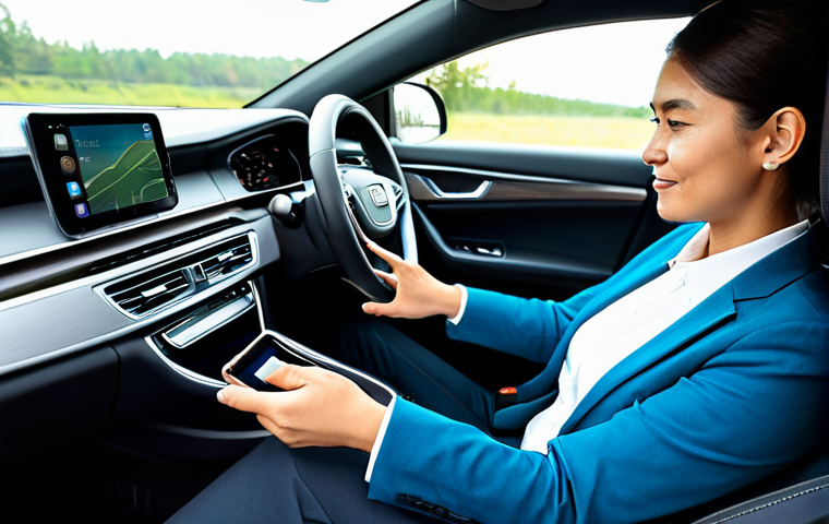 A modern person, dressed professionally in a modest business casual outfit, sitting comfortably in the driver's seat of a sleek, contemporary hybrid car interior. The person is subtly adjusting a vehicle-mounted smartphone wireless charging holder with a smartphone placed inside, and a compact car air purifier is visible on the dashboard or console. A comfortable neck pillow is attached to the seat. The interior is clean and well-organized, bathed in bright, natural light coming through the windows, showcasing a high-tech car interior. Professional photography, studio lighting, detailed, high resolution, fully clothed, modest clothing, appropriate attire, professional dress, safe for work, appropriate content, perfect anatomy, correct proportions, natural pose, well-formed hands, proper finger count, natural body proportions, family-friendly.